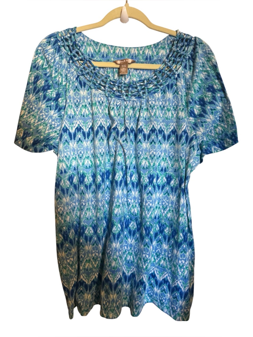 White stage twisted braid scoop collar blue print xl extra large 16 - 18 top